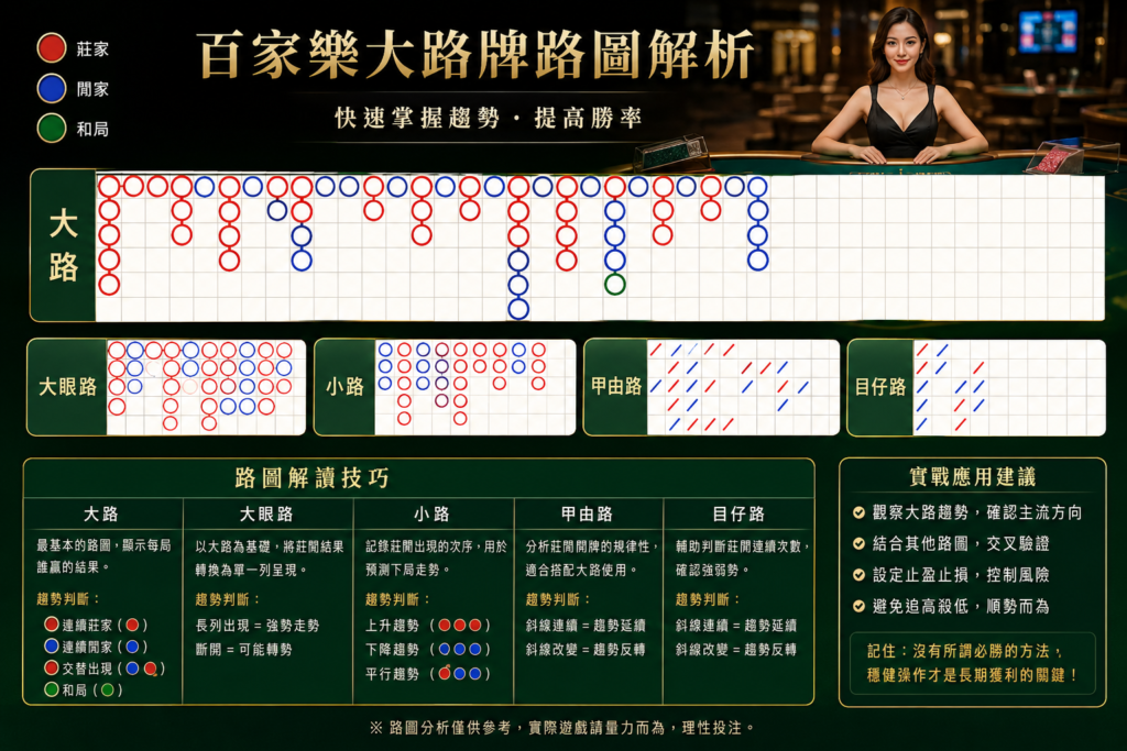 百家樂大路牌路圖示，莊閒連勝趨勢分析
