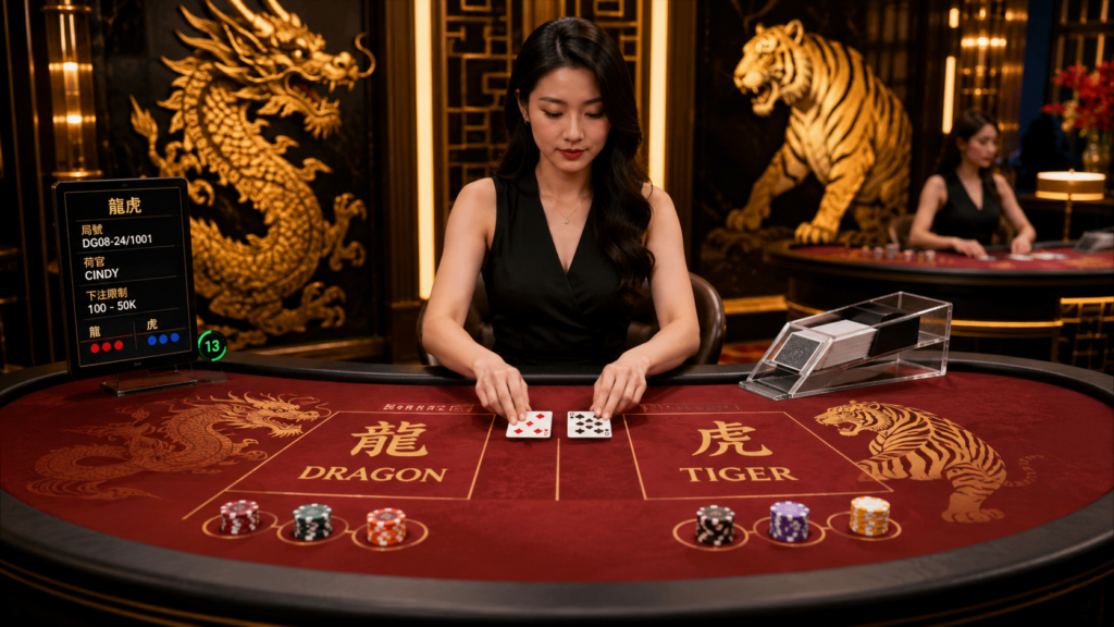 線上龍虎鬥真人荷官發牌畫面，龍虎對決專業賭桌